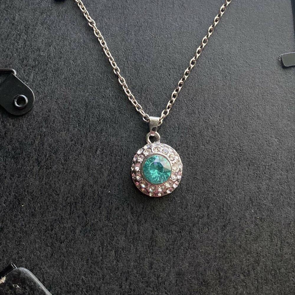 Blue Topaz Crystal Rhinestone Cubic Zirconia CZ Gemstone Round Bezel Necklace